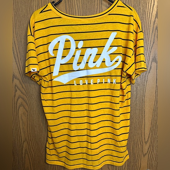 Victoria’s Secret VS PINK! Rare Striped V-Neck Logo Short Sleeve Tee Size Small - Picture 1 of 9